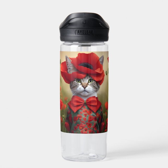 Bouteille D'eau Chat avec une robe faite de coquelicots (Arrière)