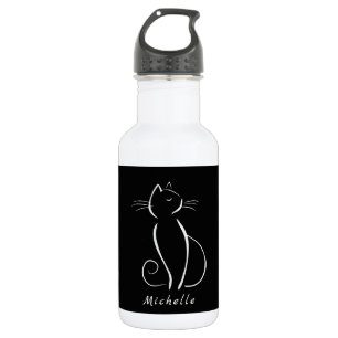 Bouteille D'eau Chat blanc minimaliste sur Ajouter un nom noir
