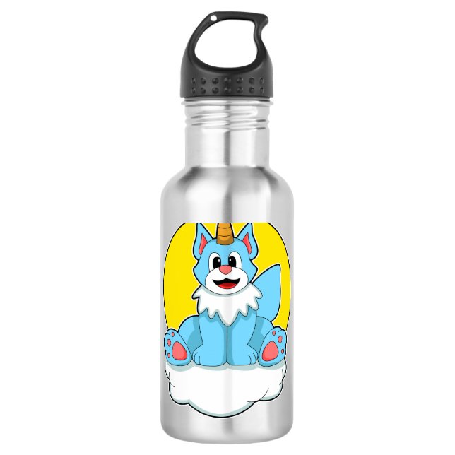 Bouteille D'eau Chat comme licorne sur nuages et soleil (Devant)