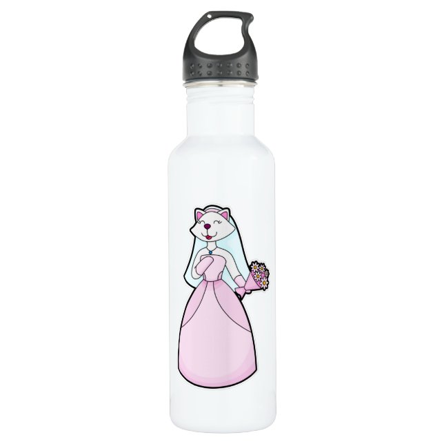 Bouteille D'eau Chat comme mariée avec bouquet de fleurs (Devant)