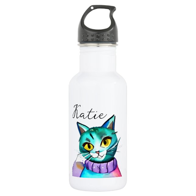 Bouteille D'eau Chat Cute Bleu Kitty Personnalisé (Devant)