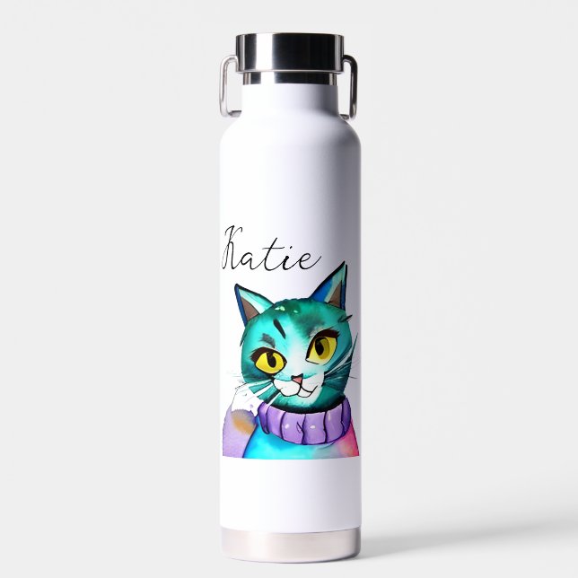 Bouteille D'eau Chat Cute Bleu Kitty Personnalisé (Avant)
