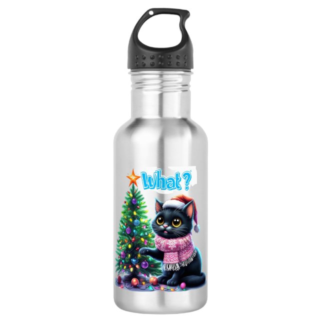 Bouteille D'eau Chat de Noël amusant Avec Sticker Arbre (Devant)