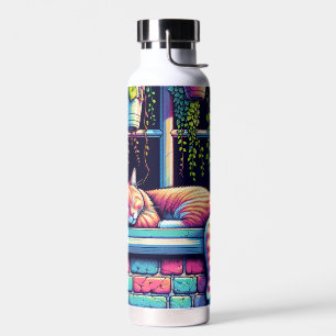 Bouteille D'eau Chat endormi sur un rebord de fenêtre - Art IA