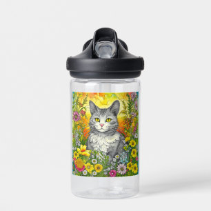 Bouteille D'eau Chat et fleurs fantaisistes personnalisés