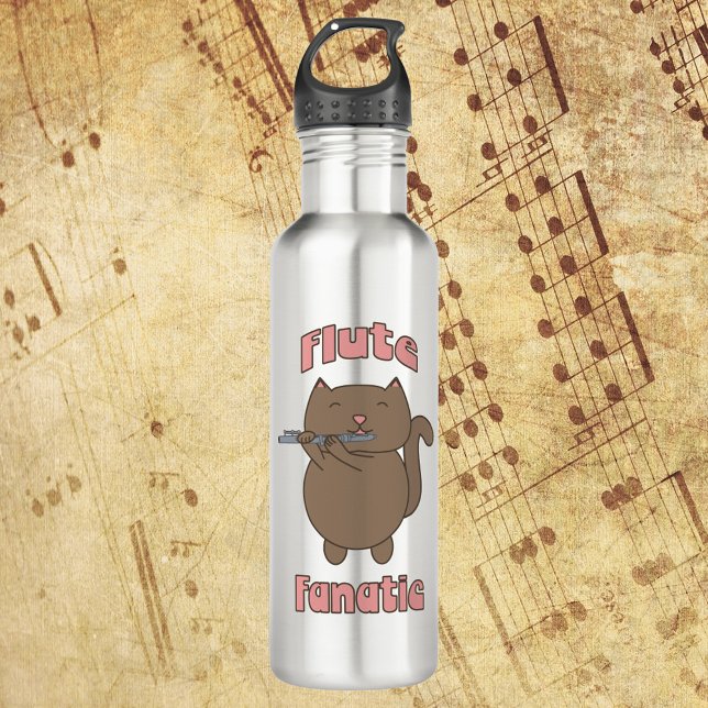 Bouteille D'eau Chat Fanatique Fluide (A water bottle with the words Flute Fanatic and a cat playing the flute!)