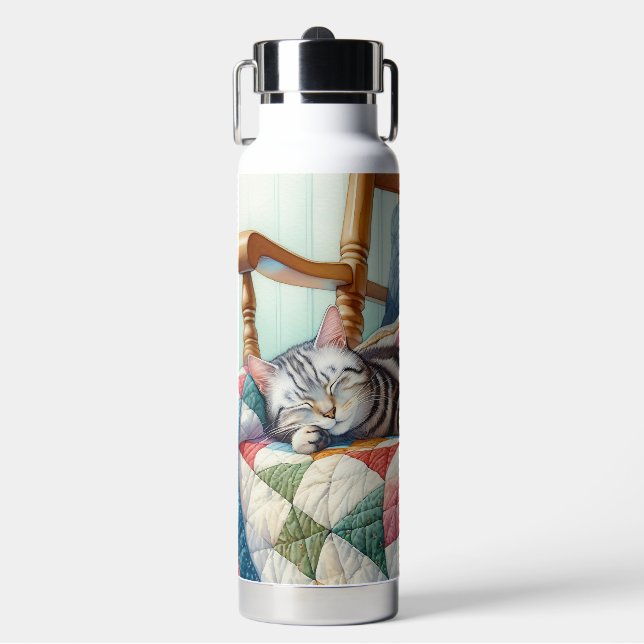 Bouteille D'eau Chat gris doux dormant sur une courtepointe (Salle de sport)