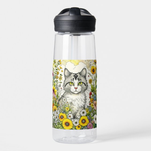 Bouteille D'eau Chat kitty gris et blanc assis en fleurs (Avant)