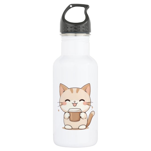 Bouteille D'eau Chat Mignon Buvant du Café Design Kawaii (Devant)