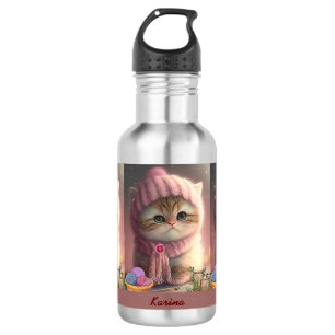 Bouteille D'eau Chat mignon en Casquette de Knit rose Nom personna