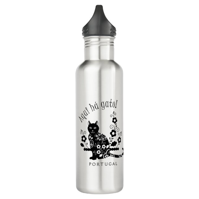 Bouteille D'eau Chat noir avec fleurs et expression portugaise (Gauche)