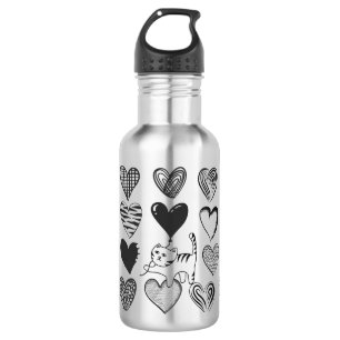 Bouteille D'eau Chat noir et blanc et Motif de coeur