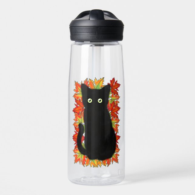 Bouteille D'eau Chat noir, Feuilles d'automne motif, Halloween amu (Avant)
