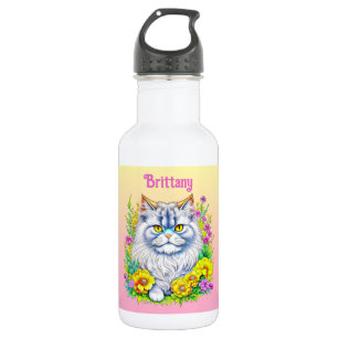 Bouteille D'eau Chat perse blanc en fleurs Personnalisé