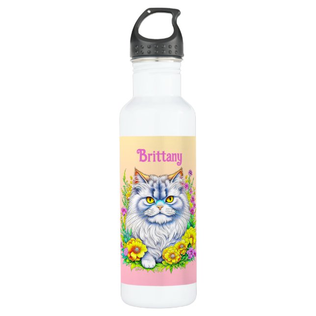 Bouteille D'eau Chat perse blanc en fleurs Personnalisé (Devant)