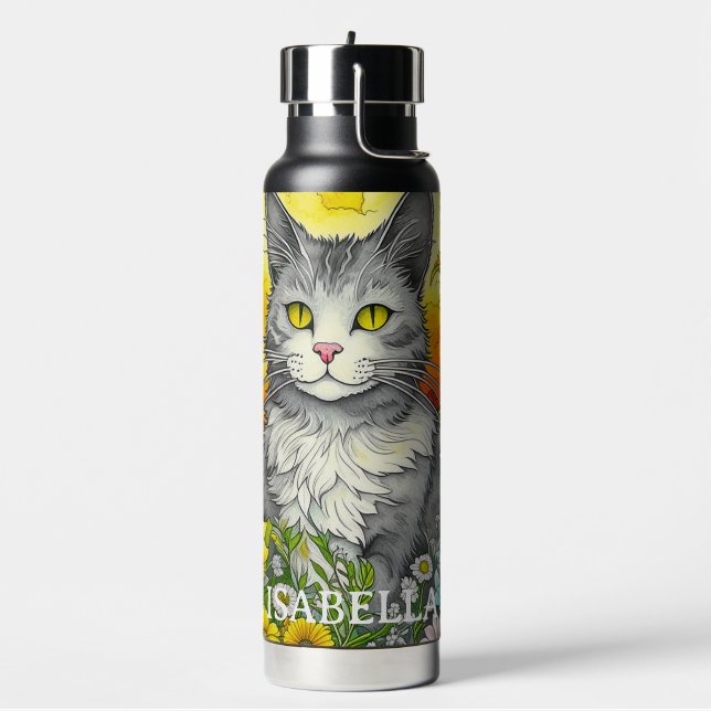 Bouteille D'eau Chat Whimsical Personnalisé et Fleurs (Gym)
