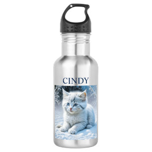 Bouteille D'eau Chaton blanc Fluffy personnalisé en neige