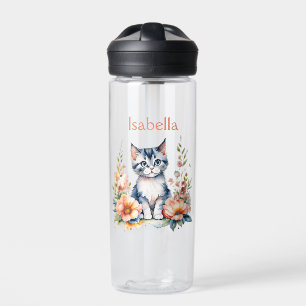 Bouteille D'eau Chaton gris personnalisé dans des fleurs roses