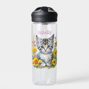 Bouteille D'eau Chaton gris personnalisé et fleurs à l'aquarelle