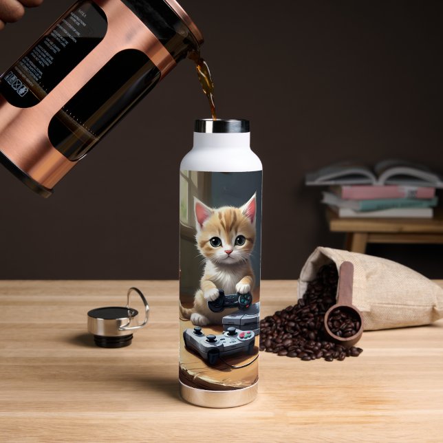 Bouteille D'eau Chaton jouant à la console de jeu, (Café (pivoté))