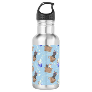 Bouteille D'eau Chats en boîte et gouttes de lait sur bleu