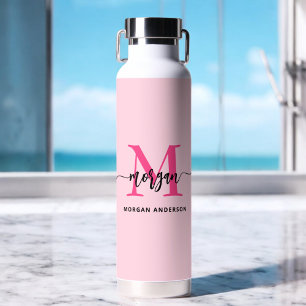 Bouteille D'eau Chaud rose moderne Script Girl Monogramme Nom