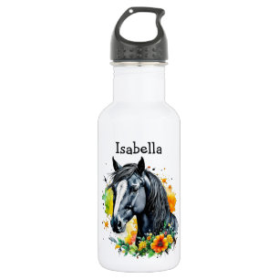Bouteille D'eau Cheval noir entouré de fleurs Personnalisé