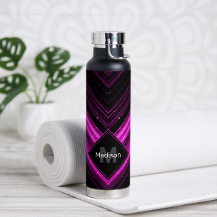 Bouteille D'eau Chevron noir rose chaud brillant métallique Monogr