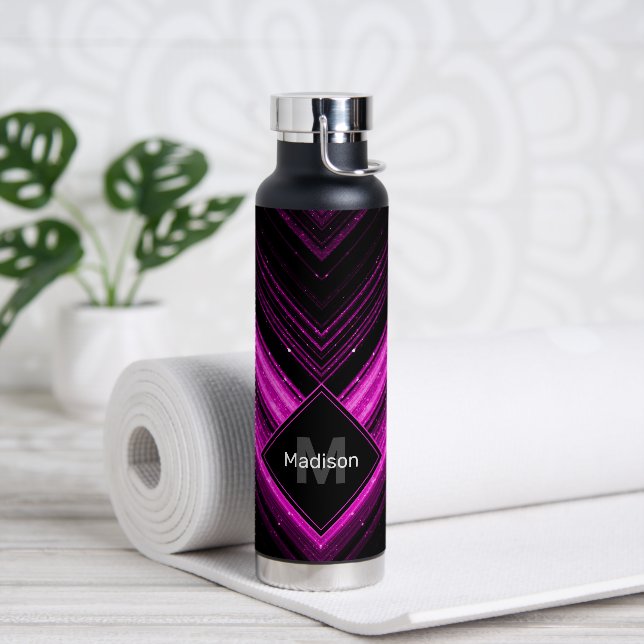 Bouteille D'eau Chevron noir rose chaud brillant métallique Monogr (Yoga)