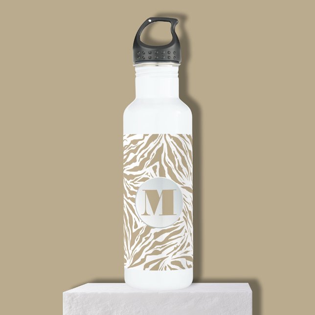 Bouteille D'eau Chic Beige Zèbre Imprimer Monogramme (Chic beige zebra print monogram white stainless steel water bottle)