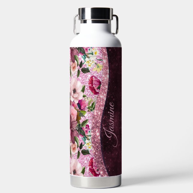 Bouteille D'eau Chic floral Bourgogne rose violet parties scintill (Avant)