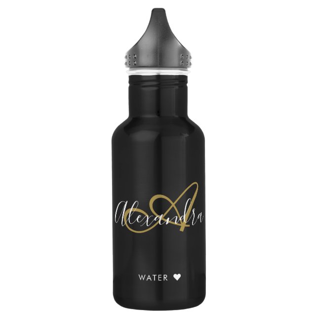 Bouteille D'eau Chic Monogramme Or Noir Nom Script Gym (Gauche)