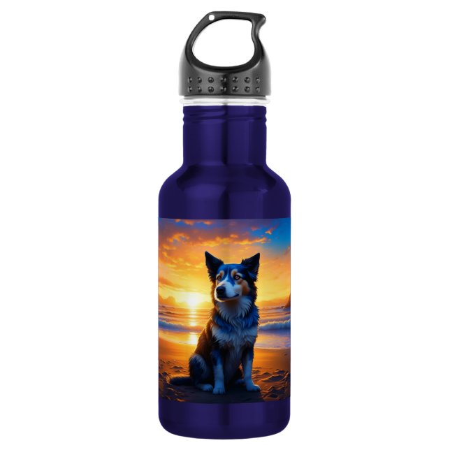 Bouteille D'eau Chien assis sur Ocean Beach au coucher du soleil (Devant)
