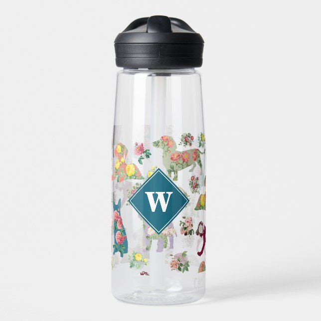 Bouteille D'eau Chiens Motif & Fleurs Vintages Monogramme (Avant)