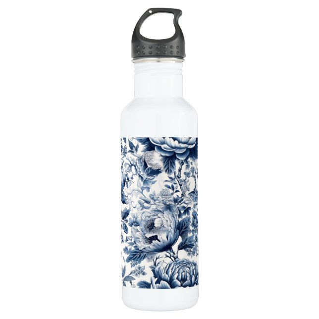 Bouteille D'eau Chinoiserie Bleu et Blancs Fleurs florales (Devant)