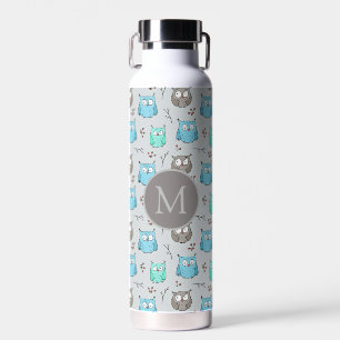 Bouteille D'eau Chouette gris bleu mou Motif Monogramme