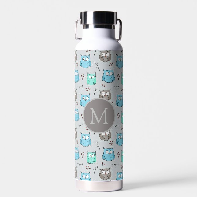 Bouteille D'eau Chouette gris bleu mou Motif Monogramme (Avant)
