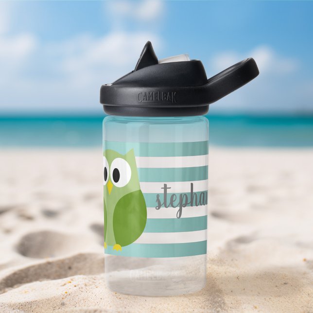 Bouteille D'eau Chouette mignonne avec bandes - Nom du script - bl (Cute owl cartoon water bottle - personalize with a name or other text)