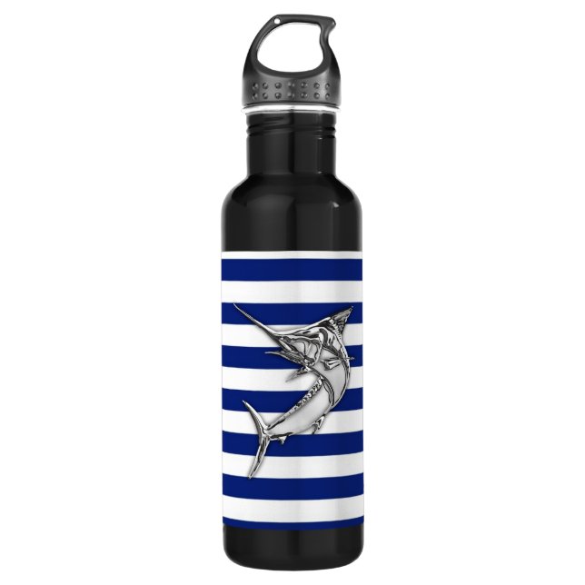 Bouteille D'eau Chrome marlin Swordfish sur Nautical Stripes (Devant)