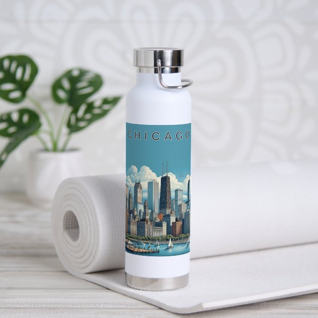 Bouteille D'eau Ciel de Chicago Bleu (Yoga (pivoté))