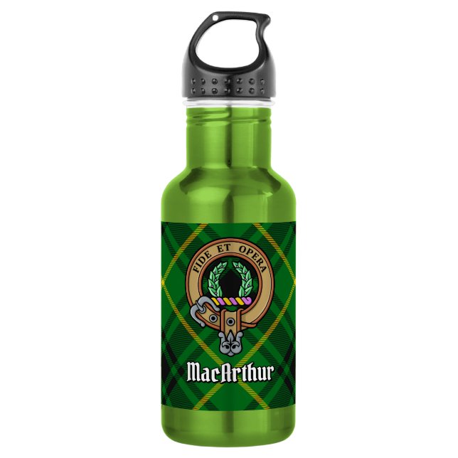 Bouteille D'eau Cimier du clan MacArthur sur tartan (Devant)