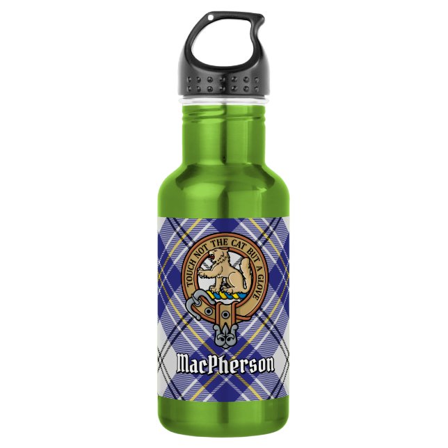 Bouteille D'eau Cimier du clan MacPherson sur tartan bleu de robe (Devant)