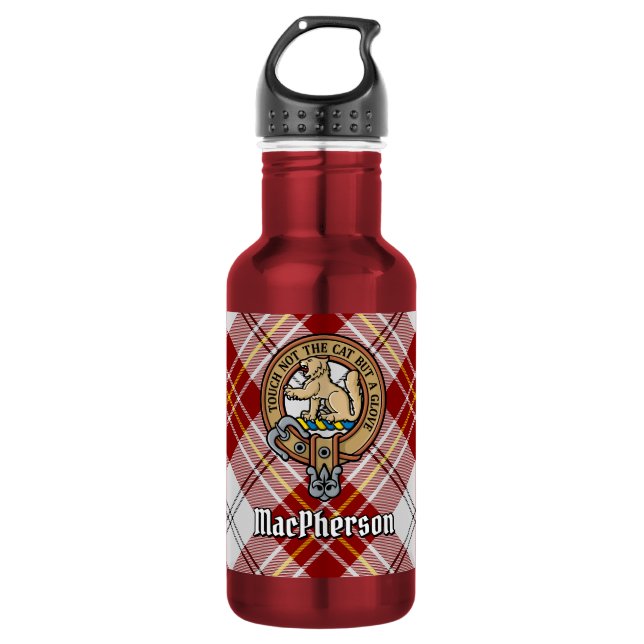 Bouteille D'eau Cimier du clan MacPherson sur tartan rouge de robe (Devant)