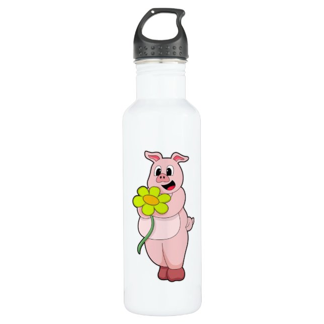 Bouteille D'eau Cochon à fleurs jaunes (Devant)