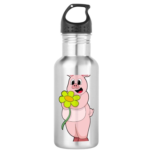 Bouteille D'eau Cochon à fleurs jaunes (Devant)