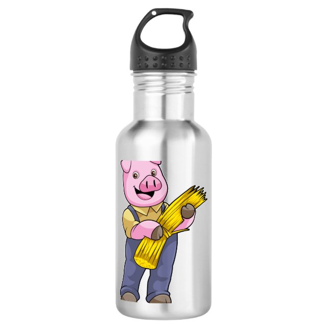 Bouteille D'eau Cochon en fermier avec paille (Devant)