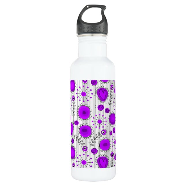 Bouteille D'eau Coeurs blancs violet blanc Whimsical et fleurs flo (Devant)