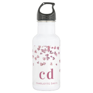 Bouteille D'eau Coeurs de parties scintillant rose blanc initiales