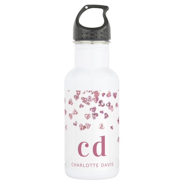 Bouteille D'eau Coeurs de parties scintillant rose blanc initiales (Devant)
