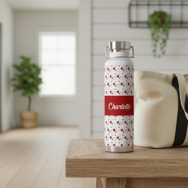 Bouteille D'eau Cœurs modernes rouges et noirs Rétro Monogramme No (cute red and black retro hearts water bottle with name monogram)